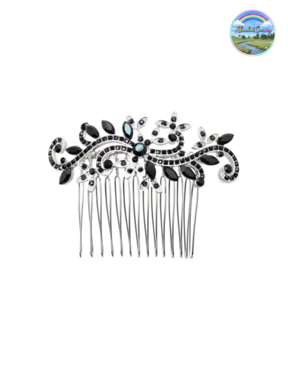 Black Rhinestone Crystal Floral Hair Comb, Silver-tone Alloy Metal